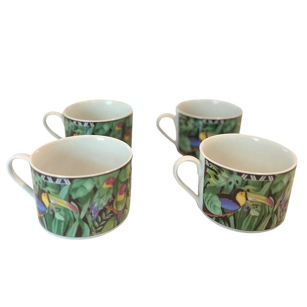 Sakura Magic Jungle Mugs Set of 4 Sue Zipkin 1995 Ultra Porcelain Toucan Leopard